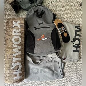 hotworx yoga mat , 2 towels, and backpack